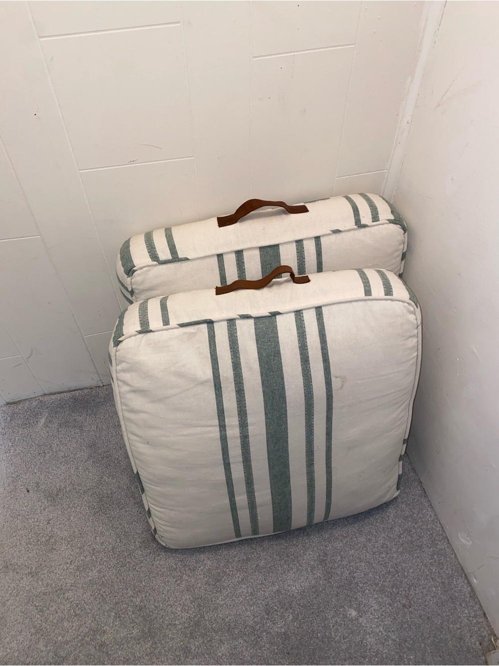 Neutral Stripe Floor Cushions with Leather Handle - White & Sage